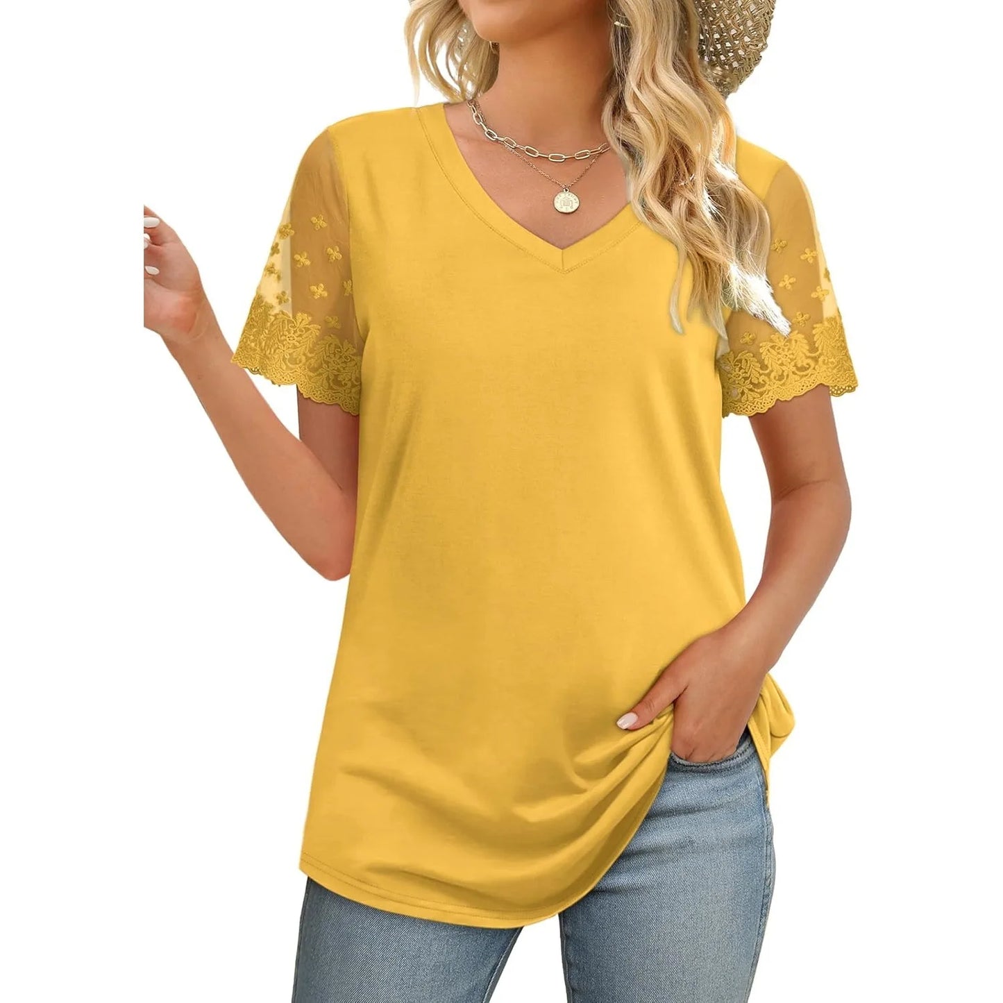 Casual V Neck T Shirts for Women Lace Short Sleeve Curved Hem Tops Loose Fit