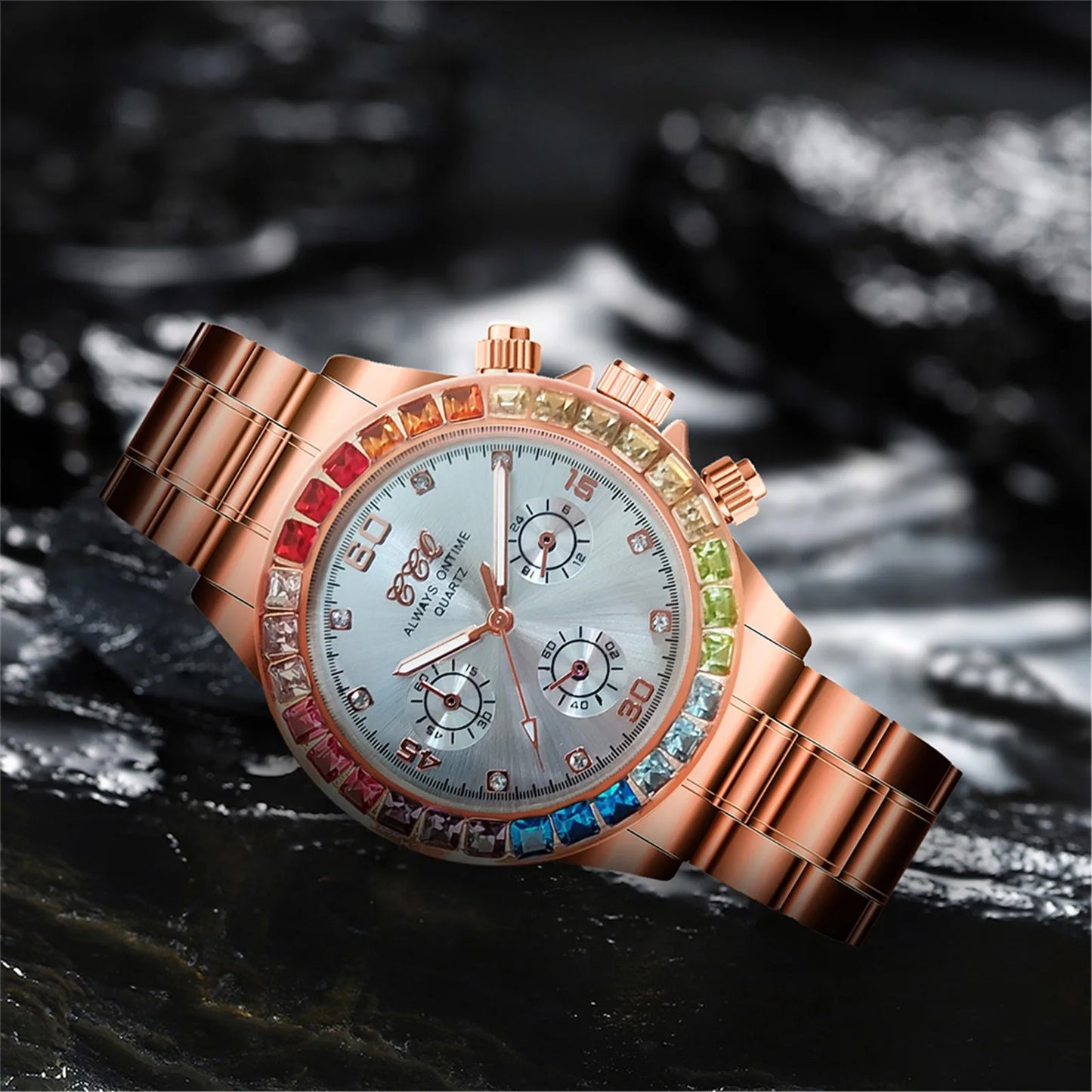 Colored Diamond Men'S Quartz Watch Stainless Steel Colored Rhinestone Men'S Watch Three-Eye Square Diamond Watch Montres Hommes