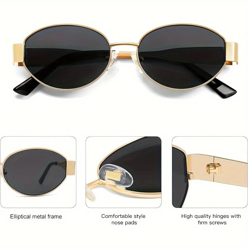 Fashion Sunglasses for Women High Quality Retro Oval Metal Polished Sun Glasses Designer Men Black Lens Classic Shades