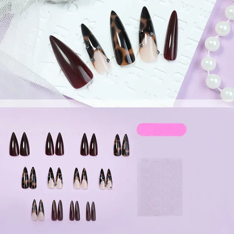 24Pc Leopard Print French False Nails Long Stiletto Press on Nails with Steel Ball Fake Nail Sweet Cool Detachable Nail Tips Art