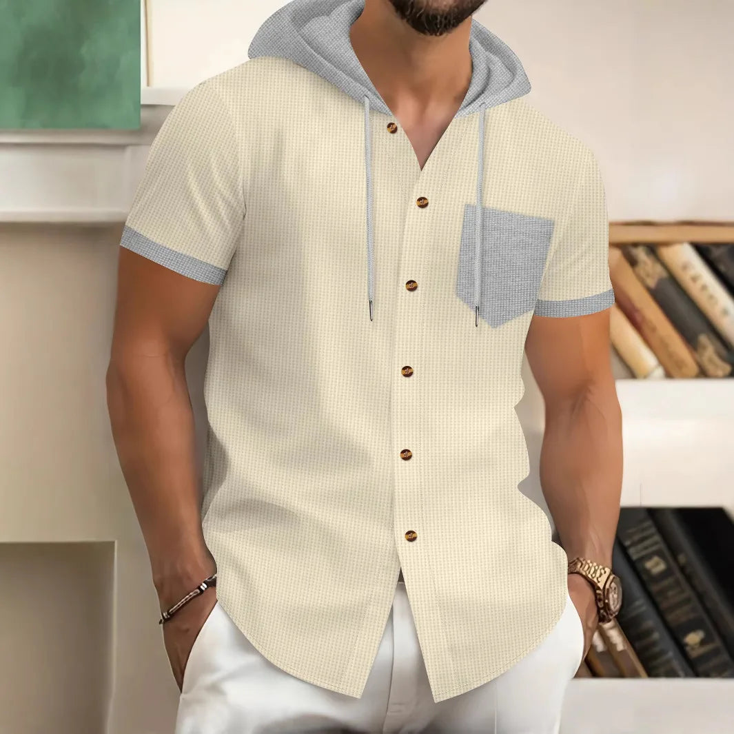 Men s Patchwork Drawstring Hooded Button Down Short Sleeve Waffle Hoodies T-Shirts Casual Tops for Summer Fashion Style