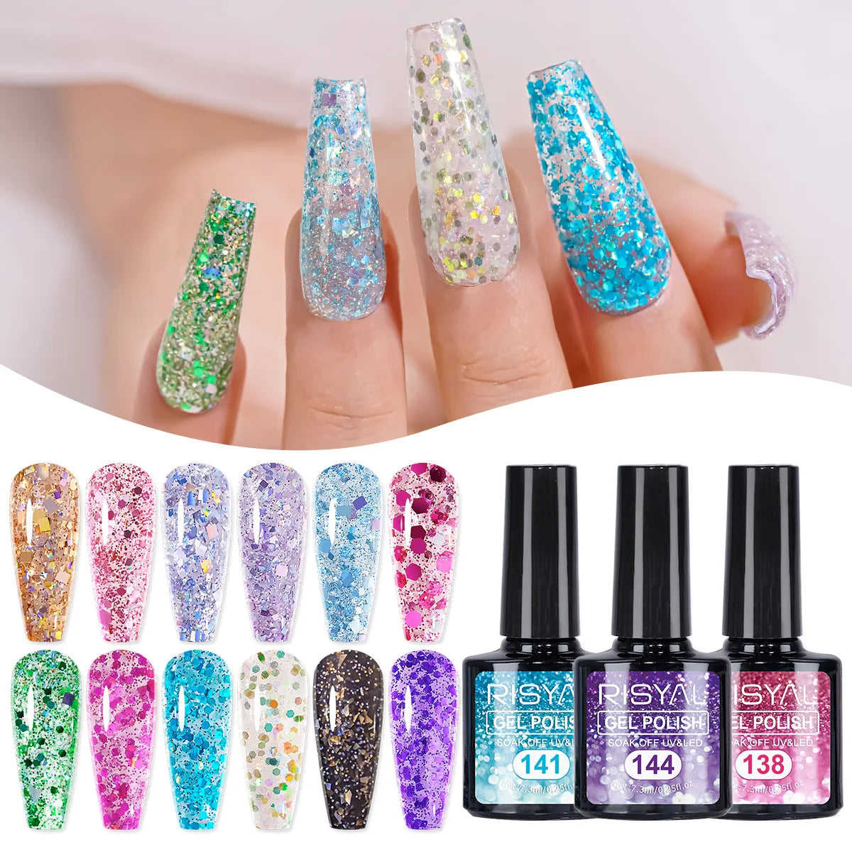 Glitter Sequins Gel Nail Polish Sparkly Shiny Pink Yellow Blue Green Gel Nail Polish Set Soak Off U V Nail Gel Nail Art Manicure