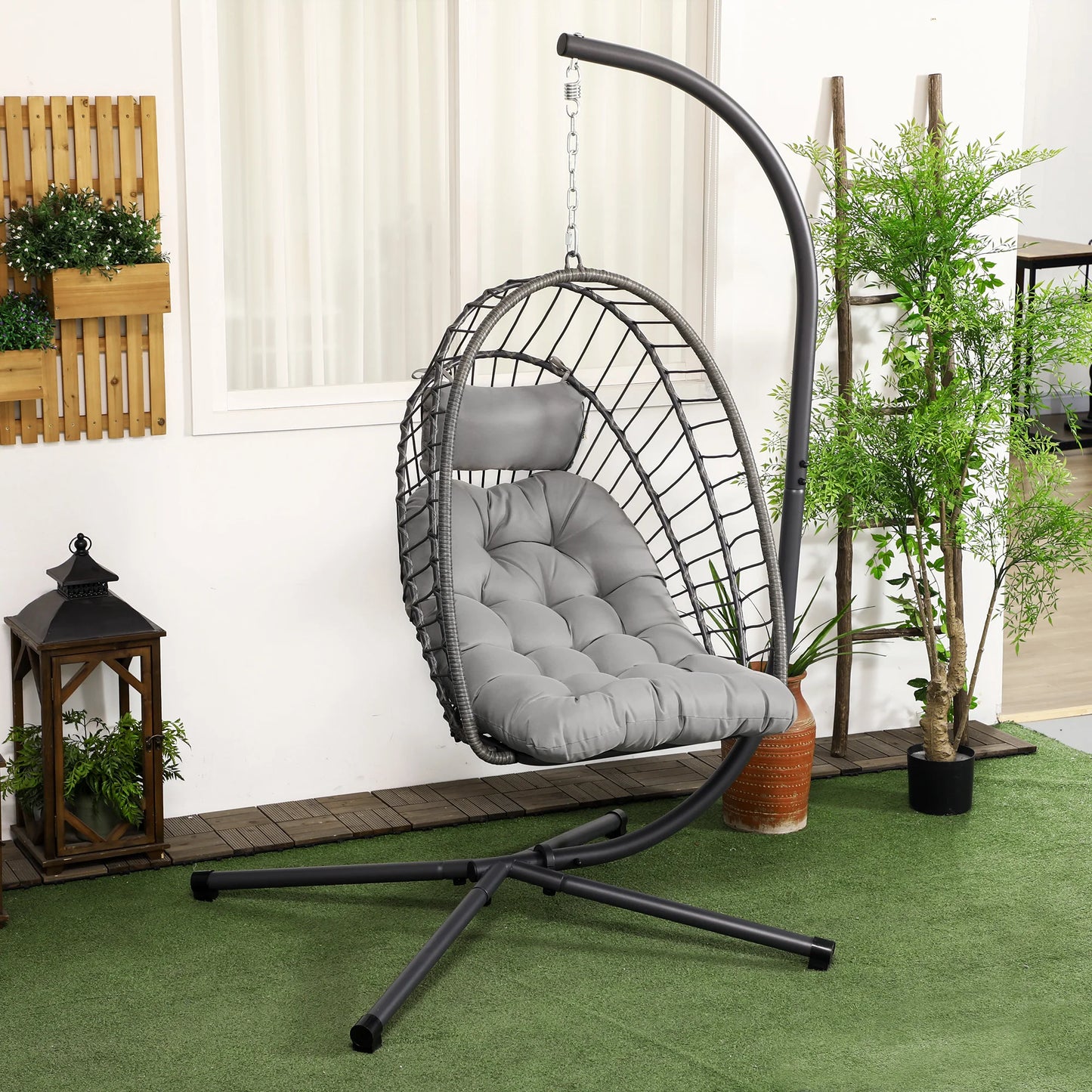 Outsunny PE Hanging Swing Chair w/ Thick Cushion, Patio Hanging Chair, Grey