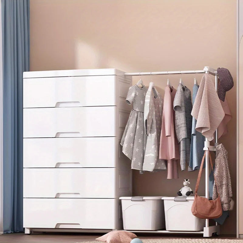 5/6-Tier White Wardrobe with Extendable Hanger - Large Space & Partitioned Storage Wardrobe for Bedroom, Dormitorie