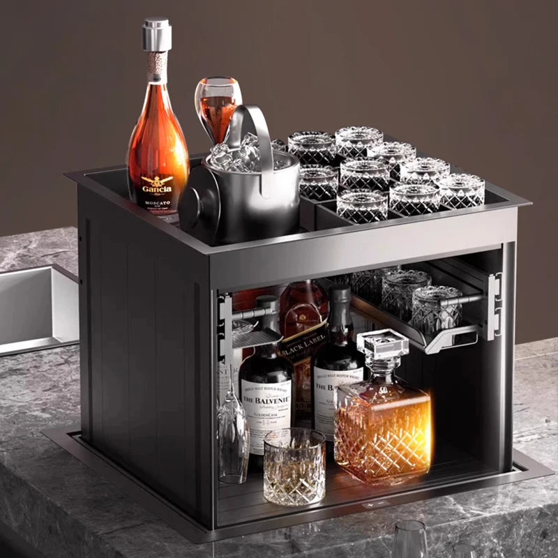 Intelligent Electric Voice-Controlled Lifting Corner Wine Cabinet High-End Kitchen Seasoning Stable Storage Rack Cabinet Drawer