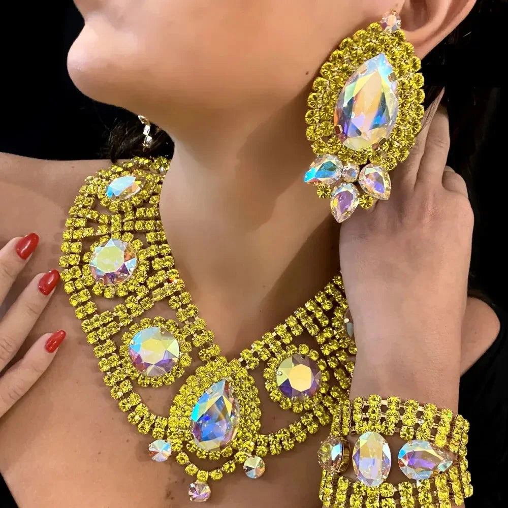 New Yellow Wedding Set Jewelry Brider In India For Women Necklace Earrings Bracelet Set Bridal Accessories Luxury Ladies Banquet
