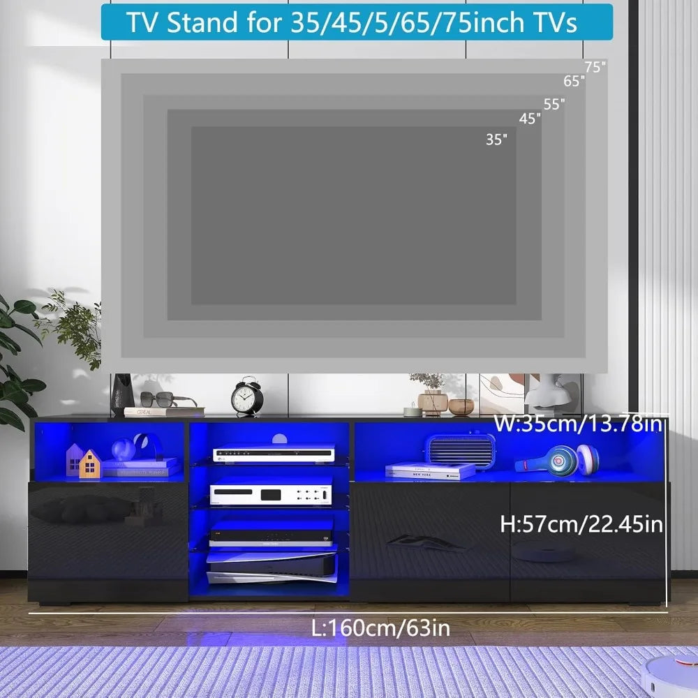 LED TV Stand for 65/70inch TV,High Glossy White TV Stand for Living Room,Modern Gaming Entertainment Center