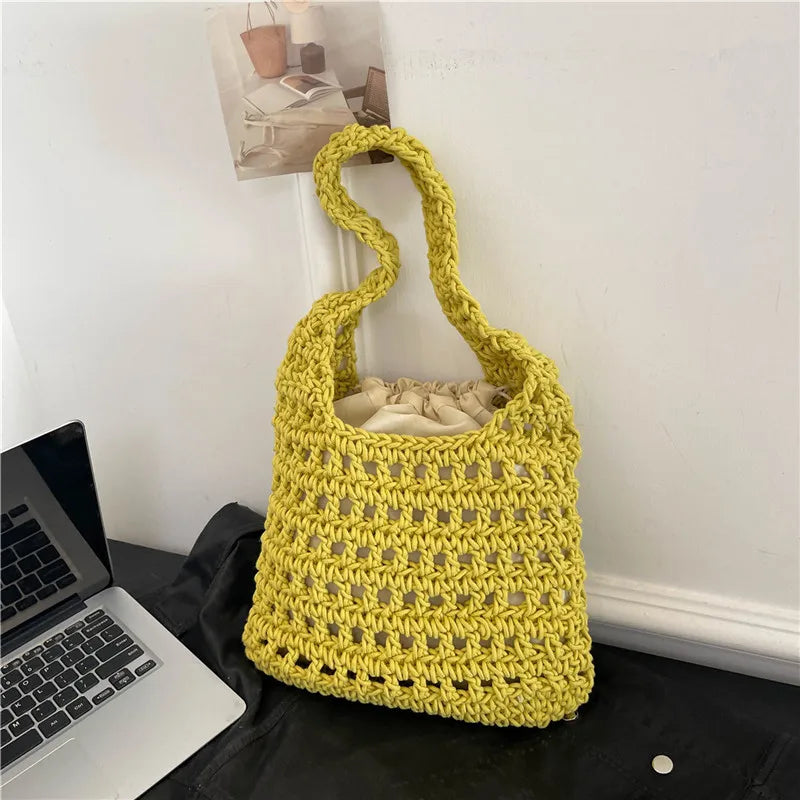 Women's Knitted Shoulder Bag Large Capacity Lightweight Braid Underarm Bags Summer Handmade Crochet Tote Bags Weaving Beach Bags