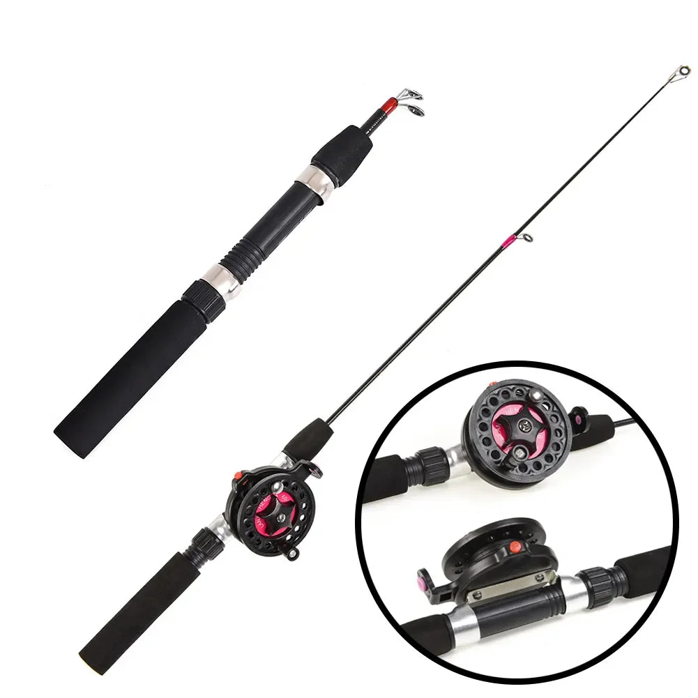 Winter Ice Fishing Rod with Reel Outdoor Fishing Mini Feeder 2 Sections Telescopic Fishing Pole Wheel Tackle Rod Combo Set