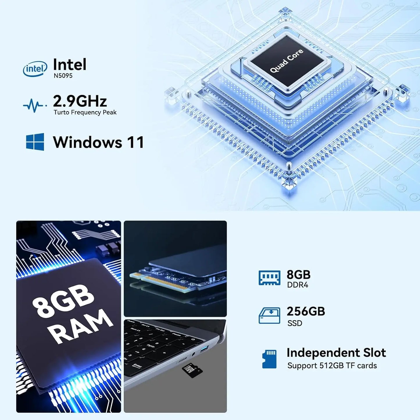 C-S156 15.6"Laptop Computer Windows 11 Quad-Core Celeron N5095 Processors Laptops IPS Display 5000mAh Battery 8GB DDR4 256GB SSD