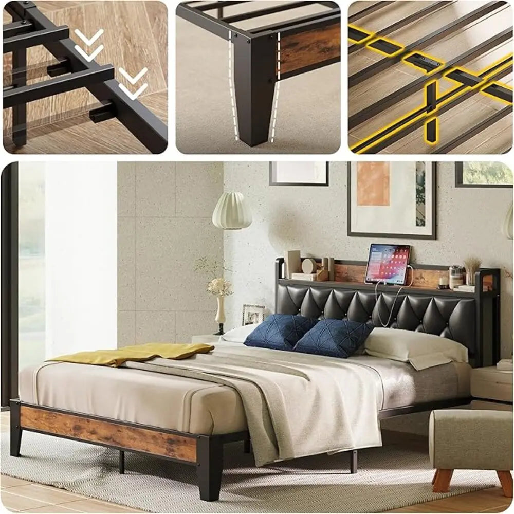 ANCTOR Bed Frames, Twin Queen CaliforniaKing Size Storage Headboard Outlets Easy Install Sturdy Stable, No Noise No Box Springs