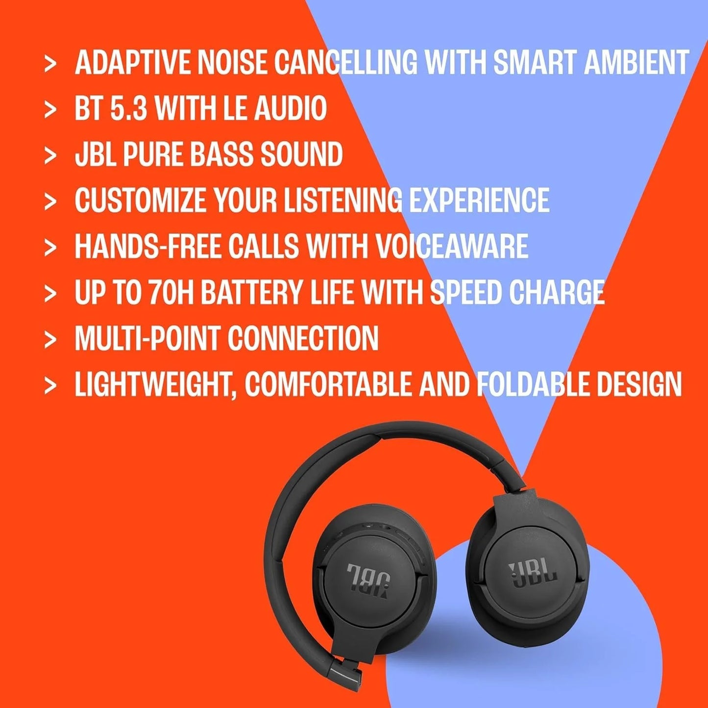 JBL Tune 770NC Wireless Over-Ear Headphones with Adaptive Noise Cancelling, Smart Ambient, Bluetooth 5.3, Blue