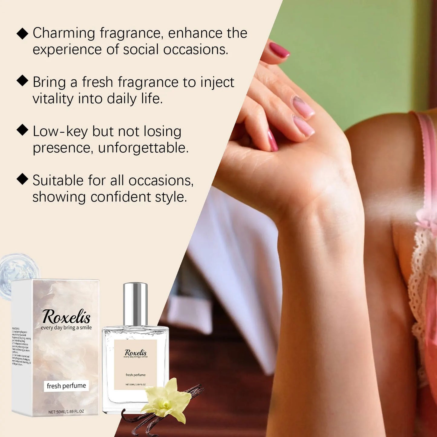Roxelis 50ml Vanilla Light Perfume Pheromone Natural Fresh Lasting Fragrance Elegant Lady Flirt Dating Attract Charming Perfume