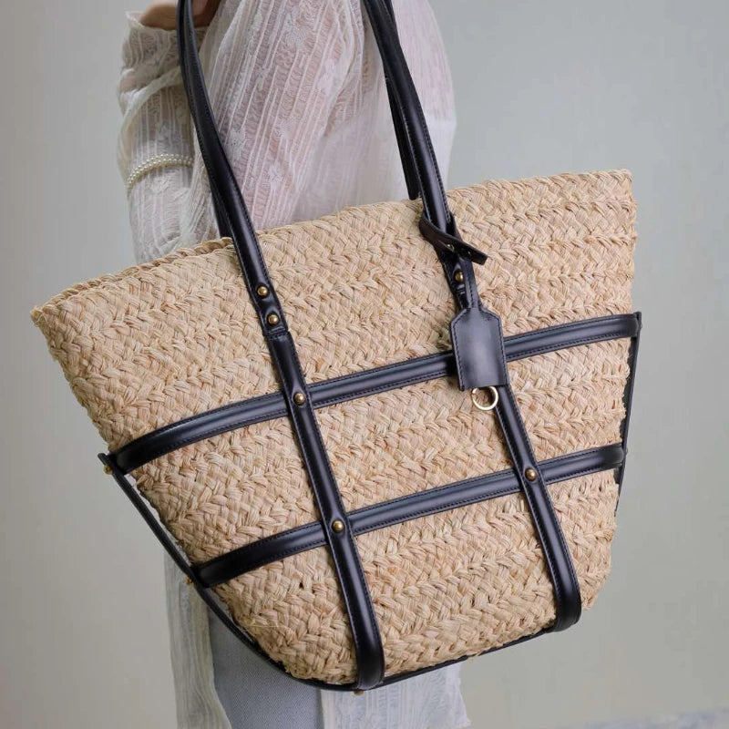 Ladies Straw Beach Bag Luxury Summer Crochet Handbag Women Bohemian Daily Tote Bag PU Patchwork Shoulder Bag Large Capacity Weav