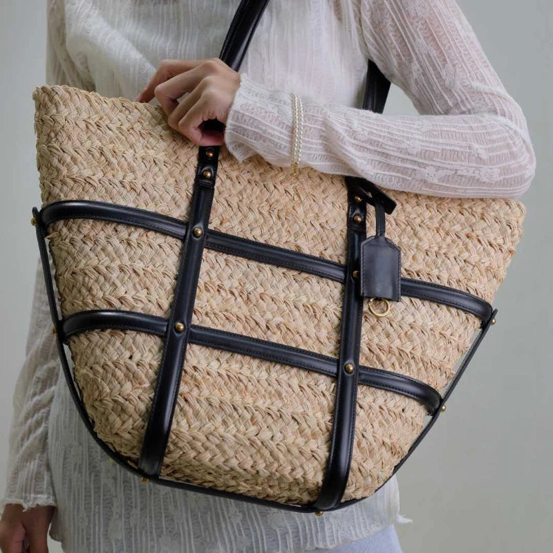 Ladies Straw Beach Bag Luxury Summer Crochet Handbag Women Bohemian Daily Tote Bag PU Patchwork Shoulder Bag Large Capacity Weav