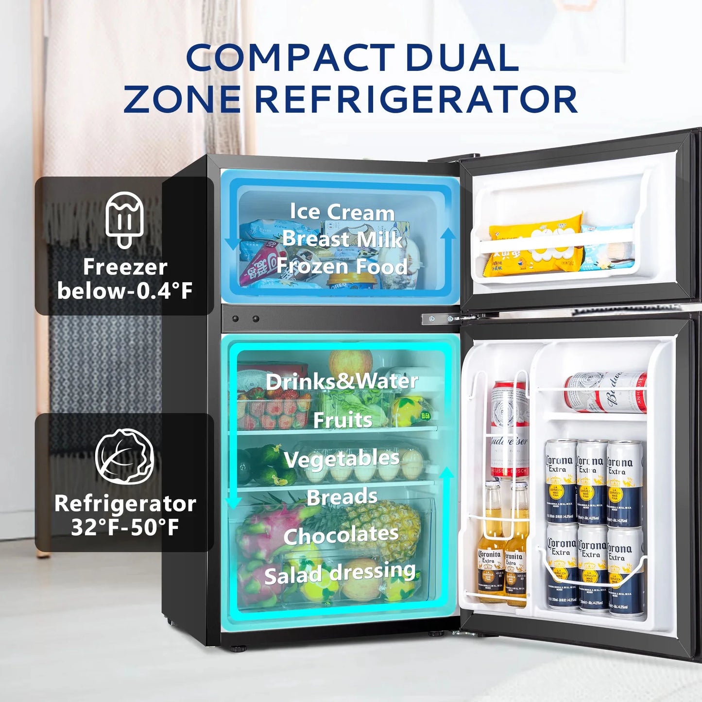 SIMZLIFE Mini Fridge with Freezer, 3.15 Cu ft Two Door Compact Small Fridge Adjustable Removable Shelves,For Bedroom/Dorm/Office