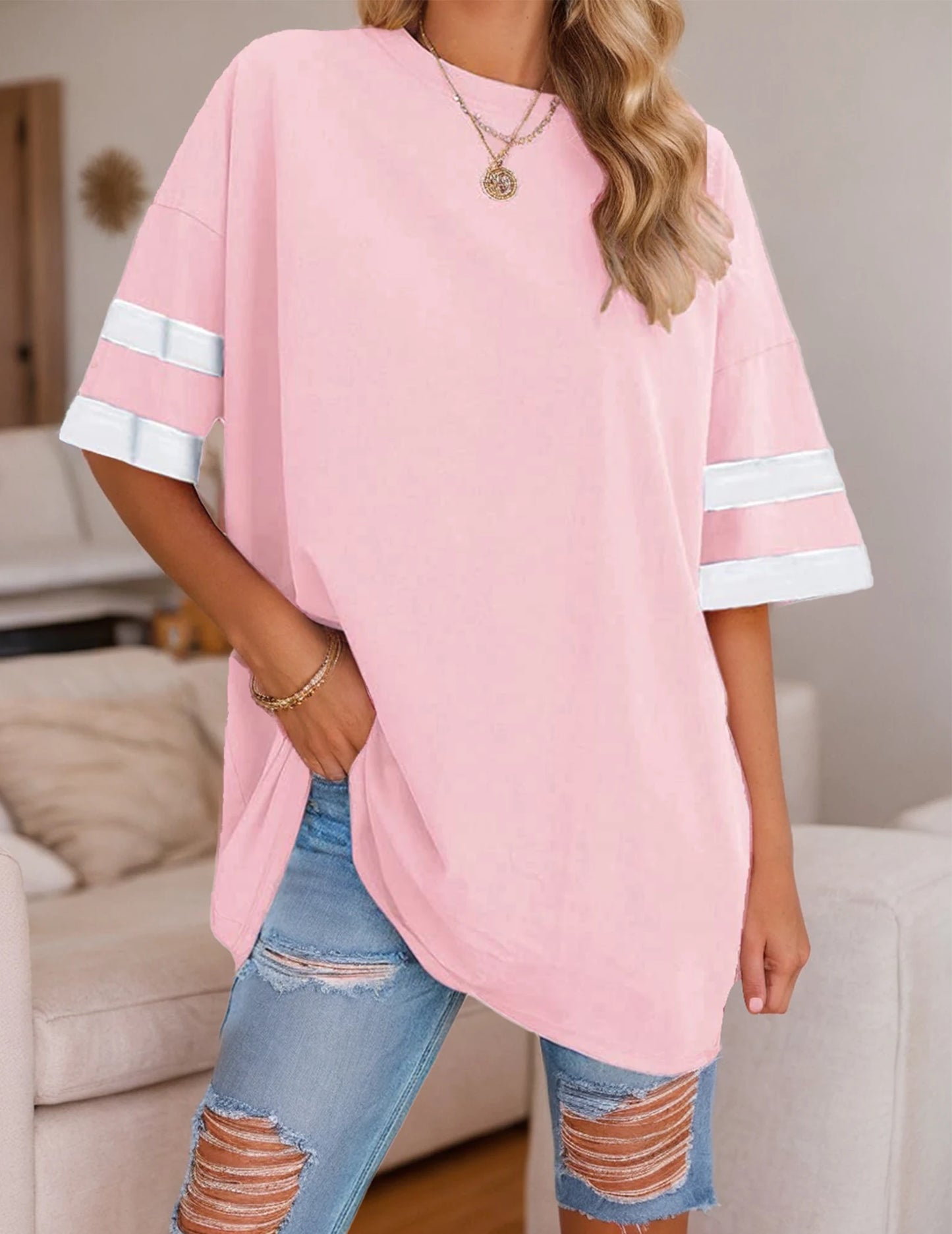 Women's Oversized T-Shirt Loose T-Shirt Half Sleeve Crew Neck Color Block Cotton Tunic Top