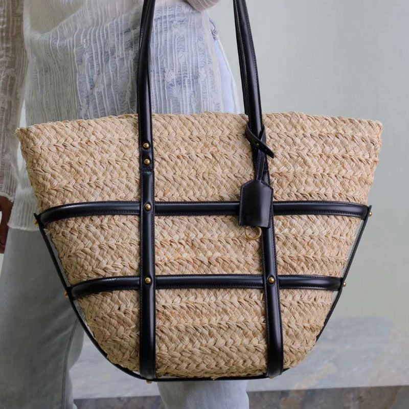 Ladies Straw Beach Bag Luxury Summer Crochet Handbag Women Bohemian Daily Tote Bag PU Patchwork Shoulder Bag Large Capacity Weav