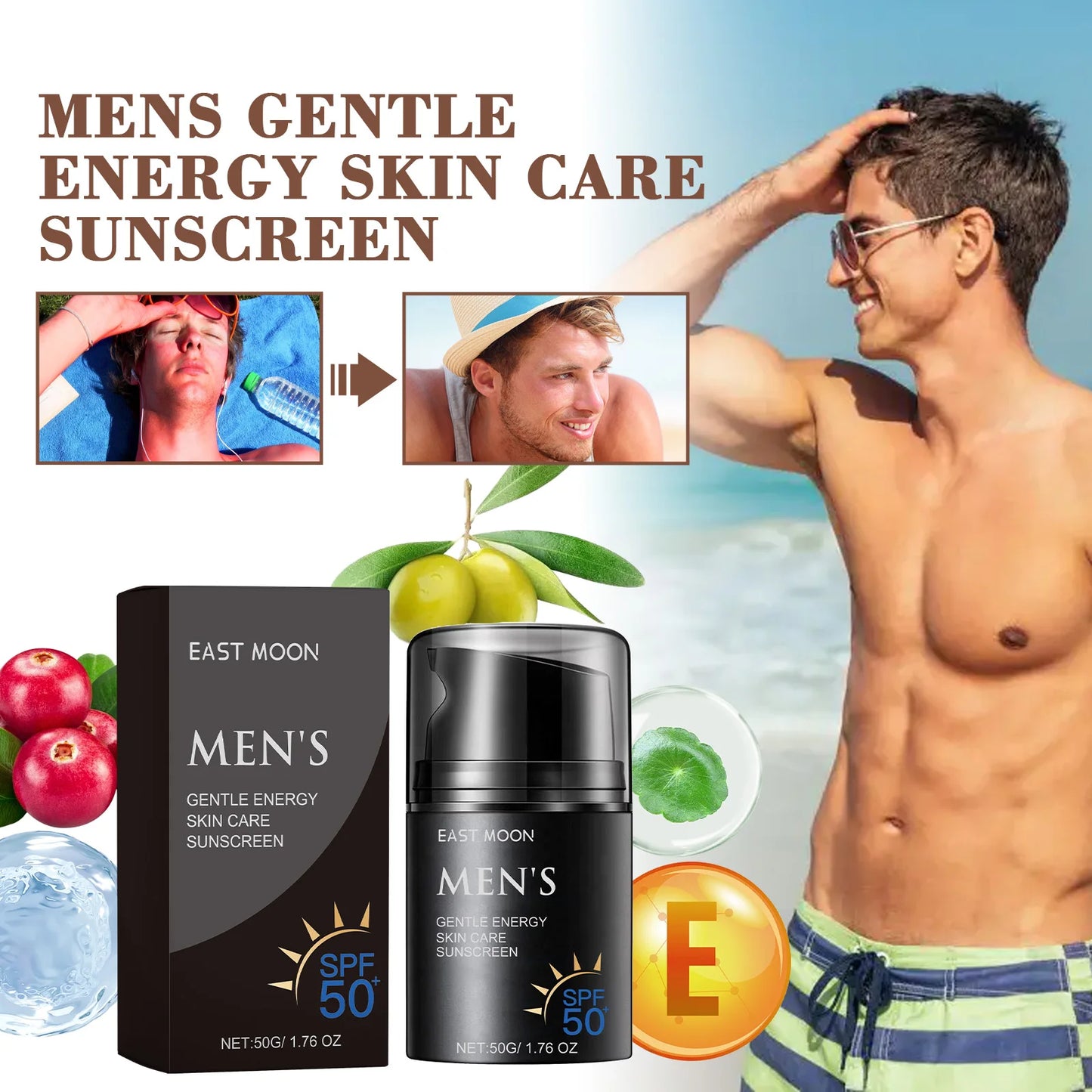 Men's Summer Outdoor Isolation UV Protection Sun Screen Gentle Energy Skin Care Natural Sunscreen SPF 50 Skin Whitening Cream