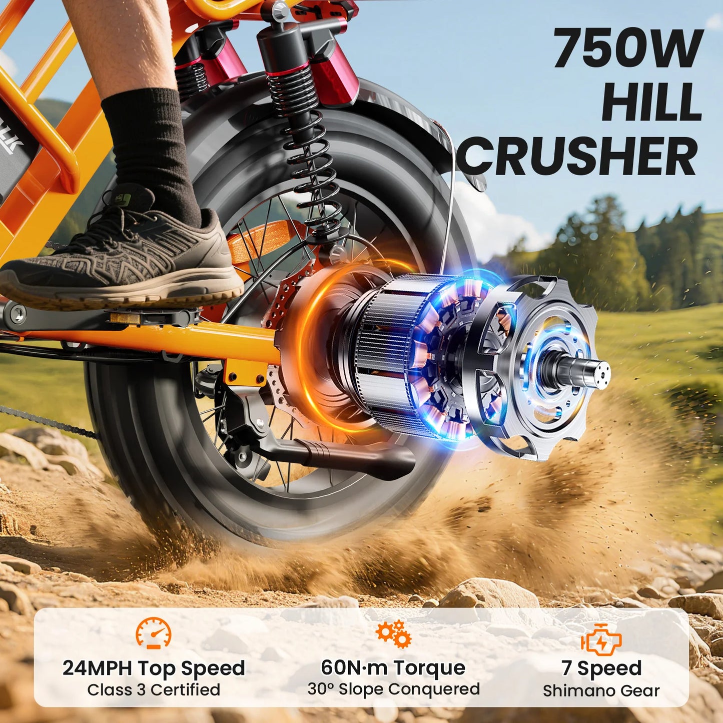 Electric Bike M7 for Teens,20" Ebike,750W Peak Motor,24.9mph,48V 15Ah Removable Battery,50 Miles Pure Electric,70 Miles PAS