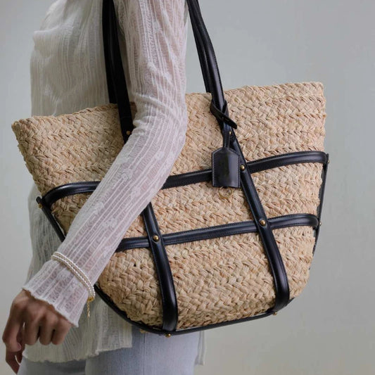 Ladies Straw Beach Bag Luxury Summer Crochet Handbag Women Bohemian Daily Tote Bag PU Patchwork Shoulder Bag Large Capacity Weav