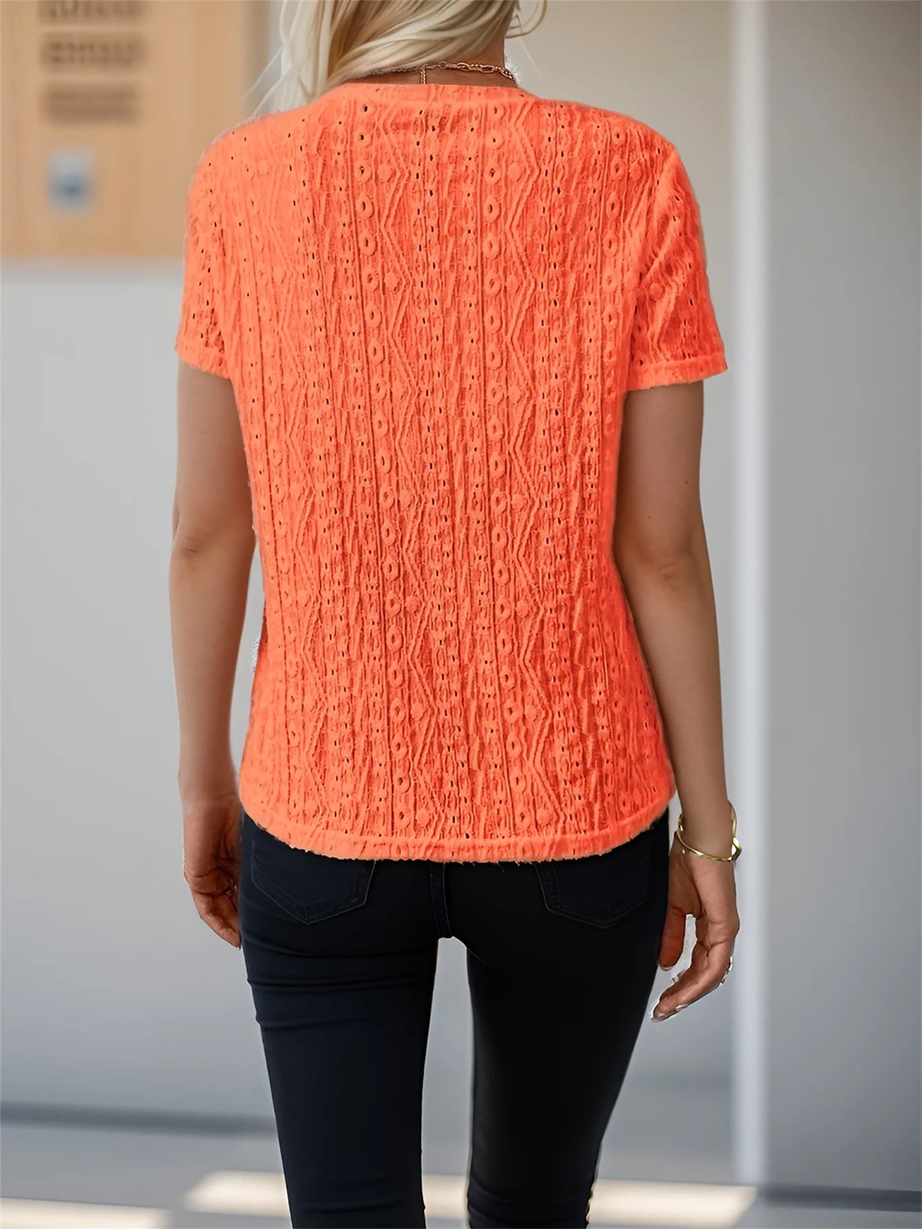 Women's Eyelet Embroidered Short Sleeve Top Crew Neck Casual Summer T-Shirt