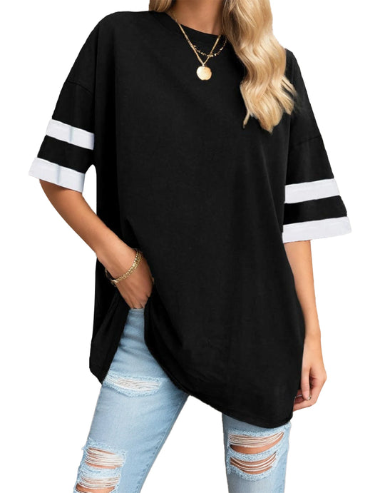 Women's Oversized T-Shirt Loose T-Shirt Half Sleeve Crew Neck Color Block Cotton Tunic Top