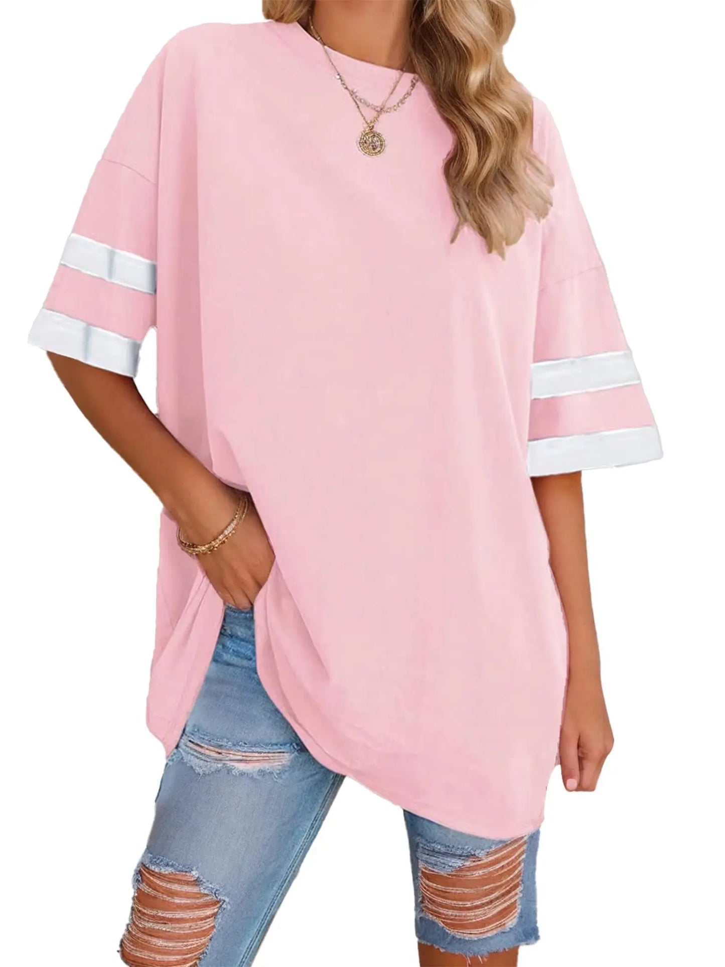 Women's Oversized T-Shirt Loose T-Shirt Half Sleeve Crew Neck Color Block Cotton Tunic Top