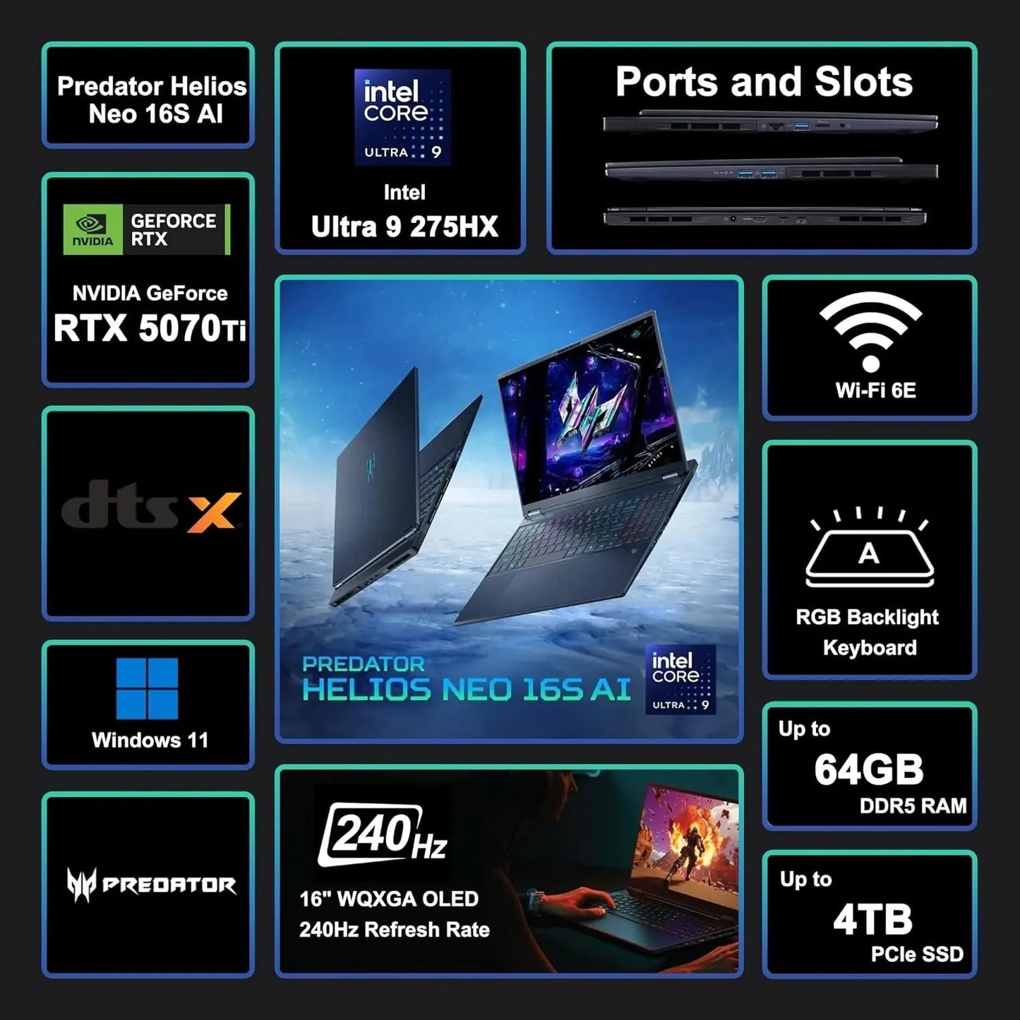 Acer Predator Helios Neo 16S Gaming Laptop, 16" OLED 240Hz, Core Ultra 9, RTX 5070 Ti, Windows 11 Home, Up to 64GB,4TB SSD