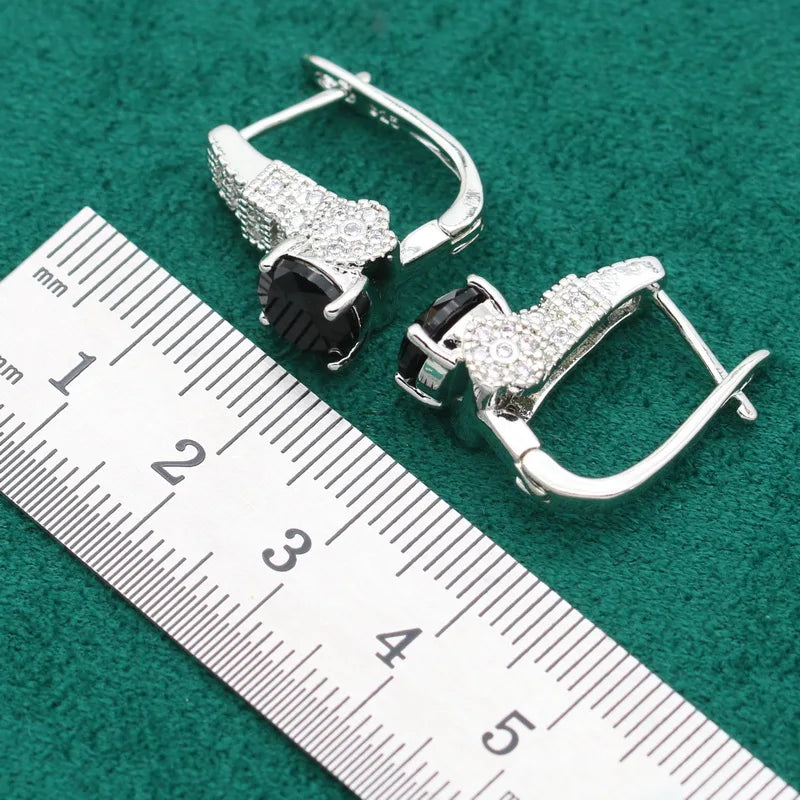 Exquisite 925 Silver Jewelry Sets For Women Black White Crystal Bracelet Earrings Necklace Pendant Ring Wedding Christmas Gift
