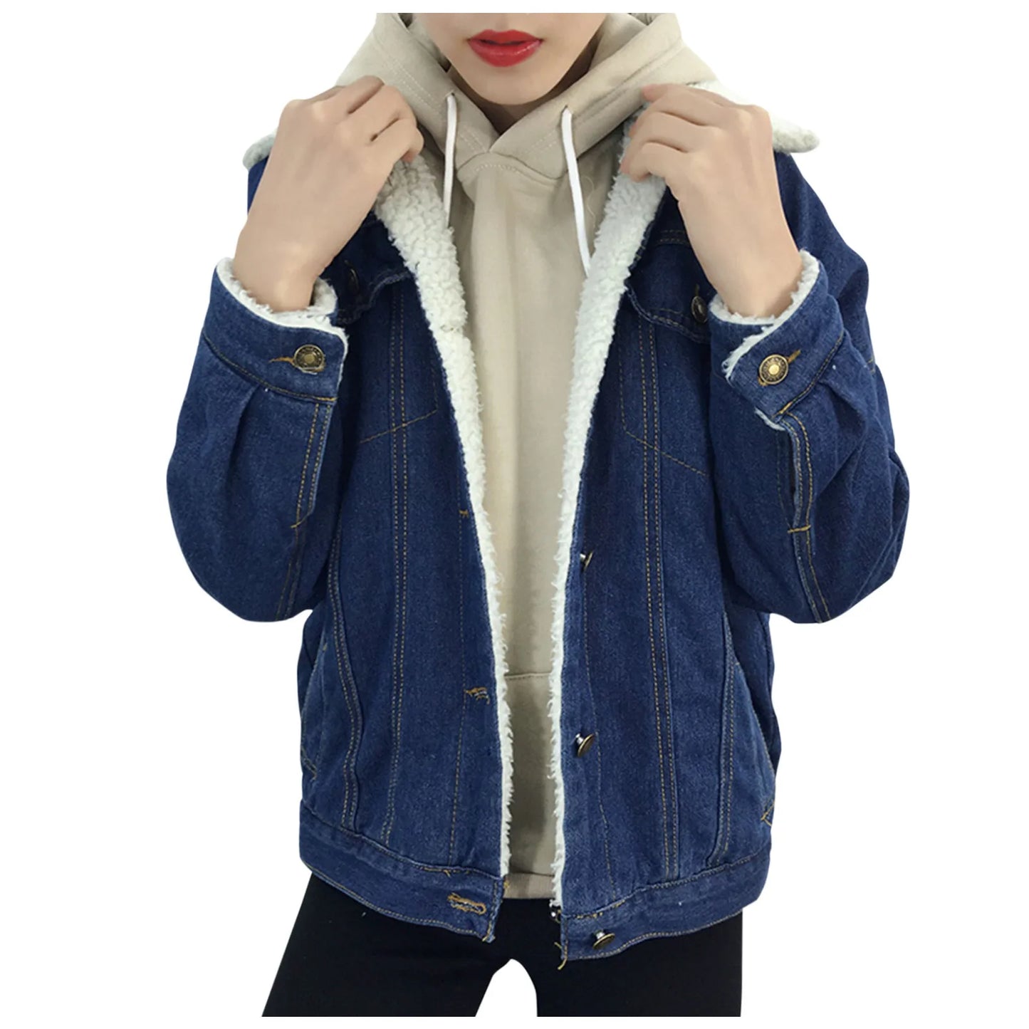 Vintage Women Lambswool Denim Jacket Women Autumn Winter Thicken Fleece Warm Denim Jacket Punk Long Sleeve Casual Loose Outwear