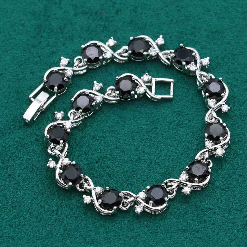 Exquisite 925 Silver Jewelry Sets For Women Black White Crystal Bracelet Earrings Necklace Pendant Ring Wedding Christmas Gift