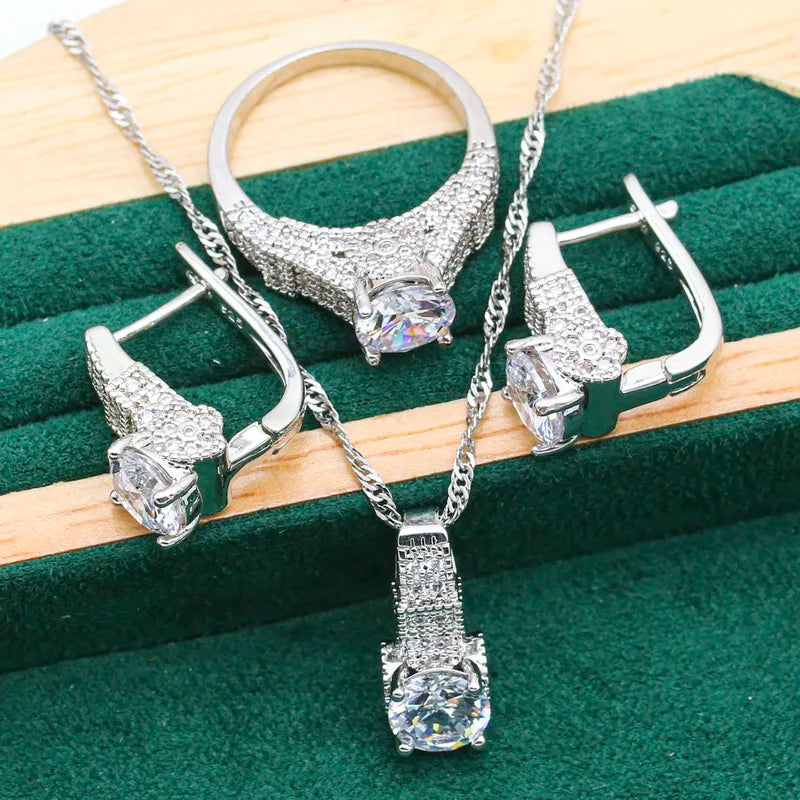 Exquisite 925 Silver Jewelry Sets For Women Black White Crystal Bracelet Earrings Necklace Pendant Ring Wedding Christmas Gift