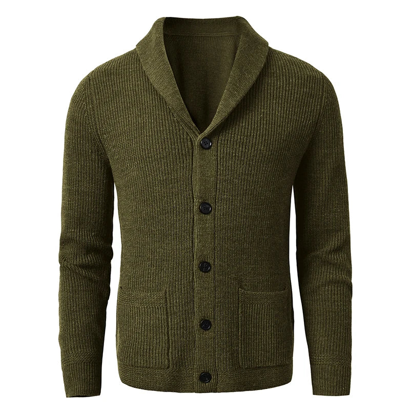 Men's Shawl Collar Cardigan Sweater Slim Fit Cable Knit Button up Black Merino Wool Sweater