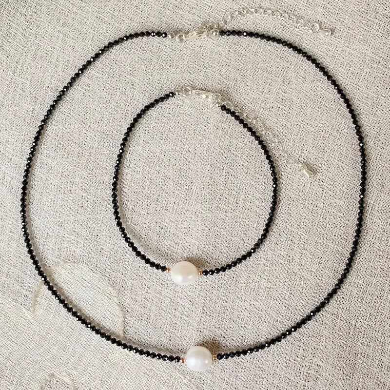 Reiki Healing Jewelry 2mm Small Black Obsidian Stone Choker Necklace White Baroque Pearl Charm Natural Freshwater Pearl Necklace