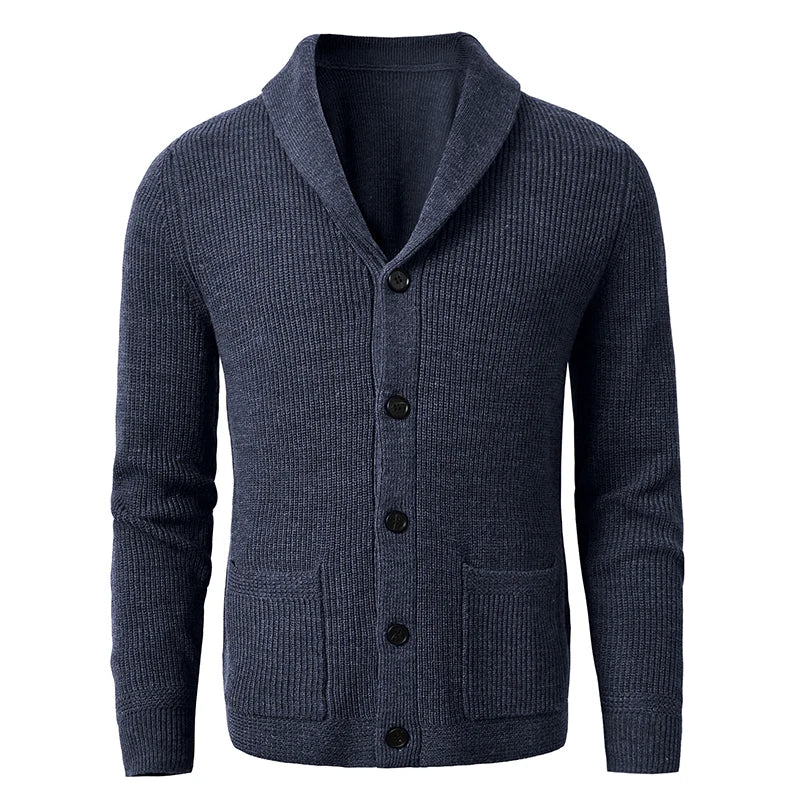 Men's Shawl Collar Cardigan Sweater Slim Fit Cable Knit Button up Black Merino Wool Sweater