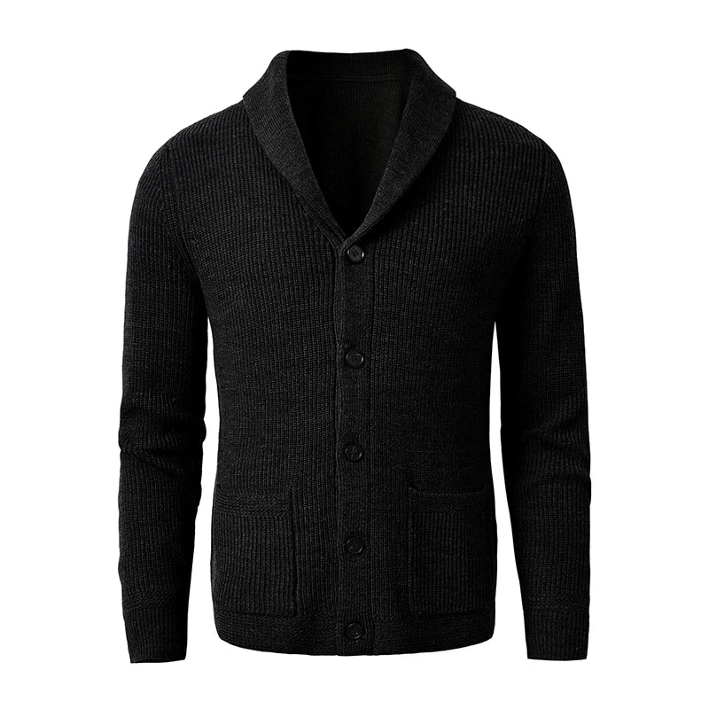 Men's Shawl Collar Cardigan Sweater Slim Fit Cable Knit Button up Black Merino Wool Sweater