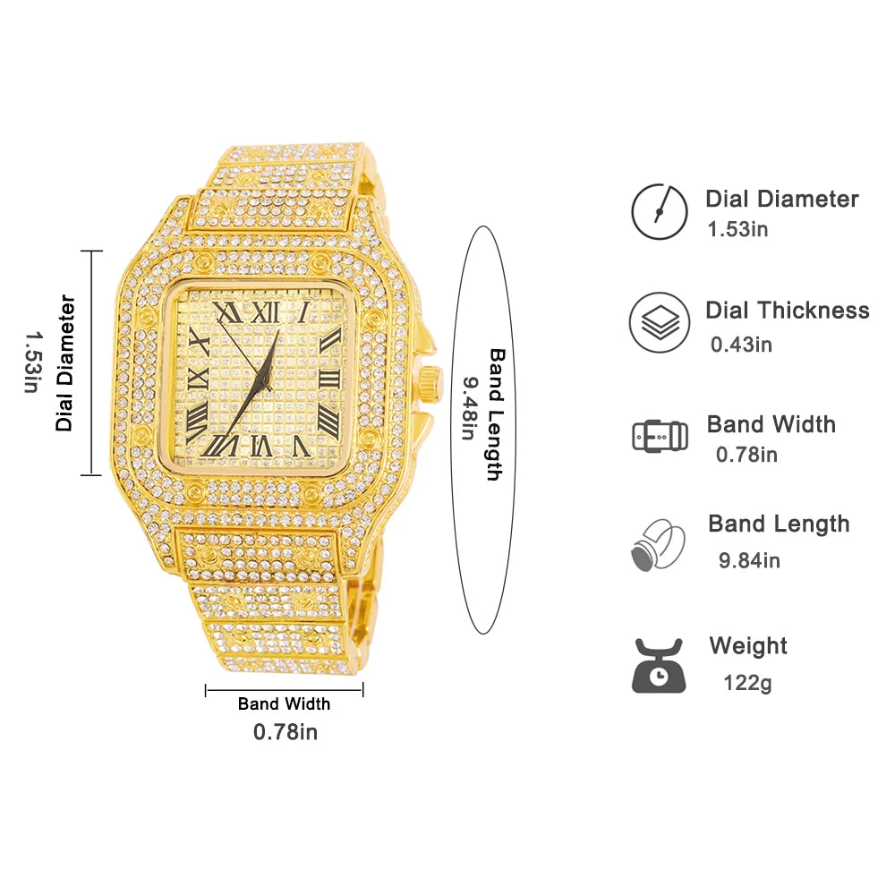 Luxury Moissanite Iced Out Watches Hip Hop Bust Down Unisex Diamond Watch, Stainless Steel Moissanite Studded Wrist Watch