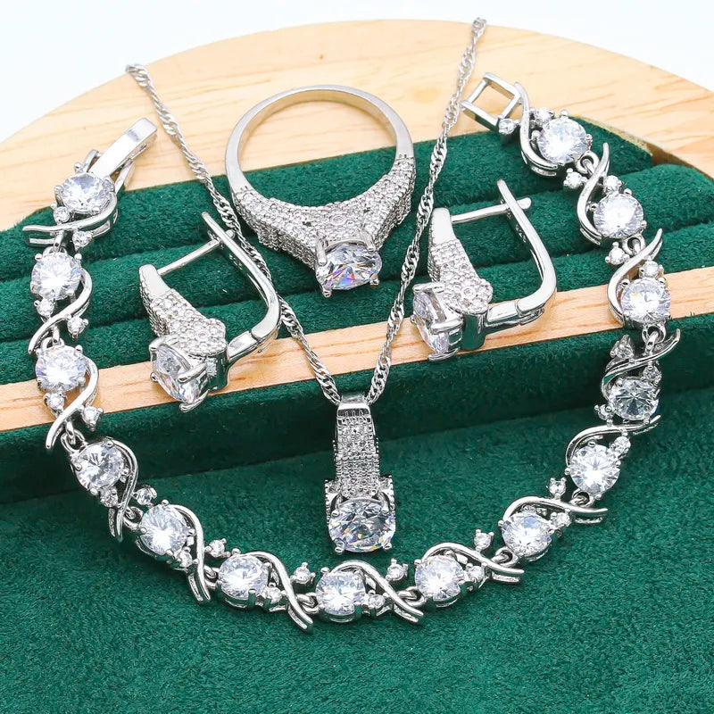 Exquisite 925 Silver Jewelry Sets For Women Black White Crystal Bracelet Earrings Necklace Pendant Ring Wedding Christmas Gift