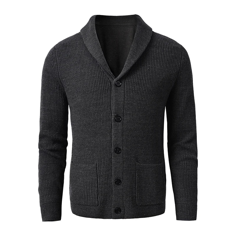 Men's Shawl Collar Cardigan Sweater Slim Fit Cable Knit Button up Black Merino Wool Sweater
