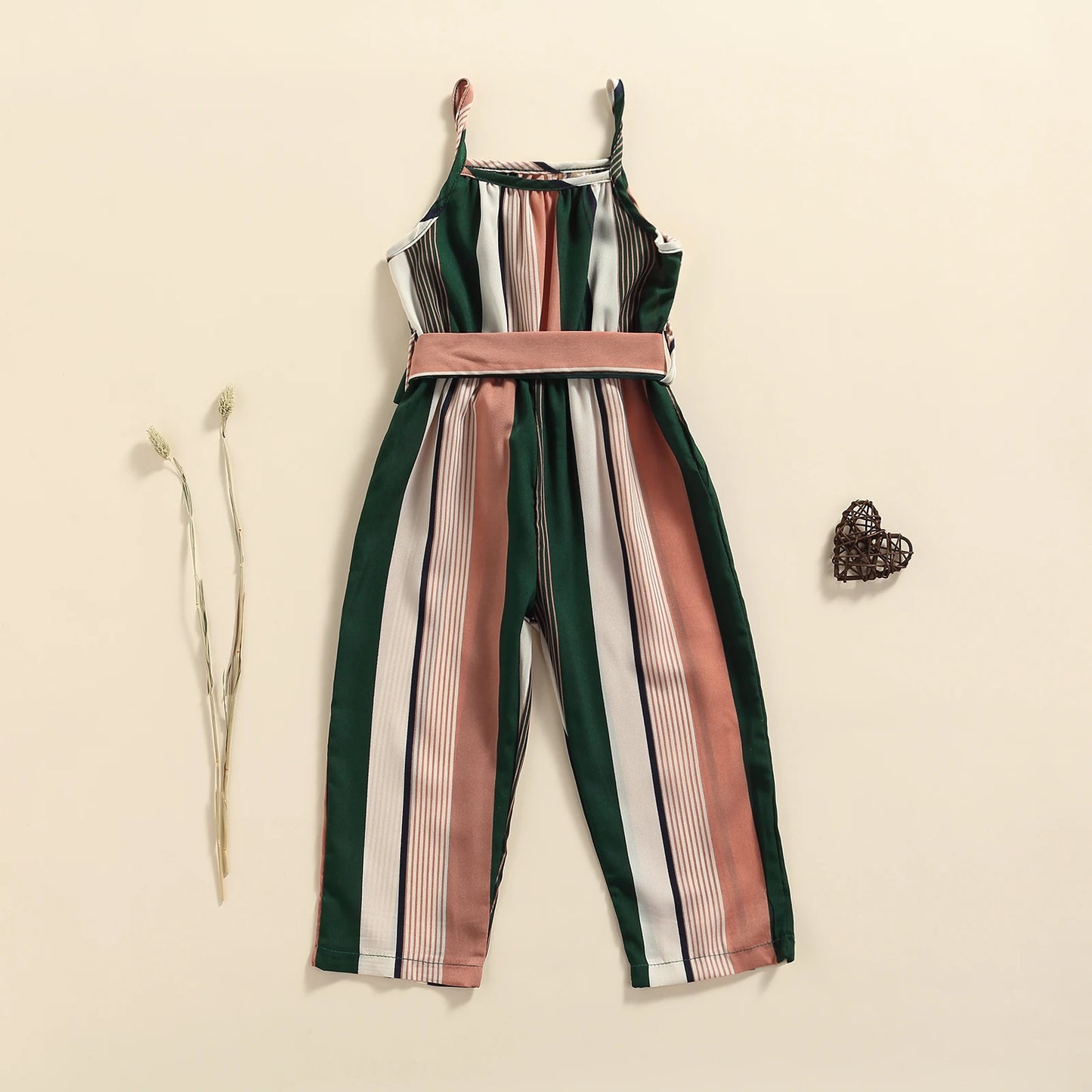 Girls Casual Bandage Sleeveless Suspender Jumpsuit Summer Fashion Stripe Printing Overalls Long Pants Children's Clothing