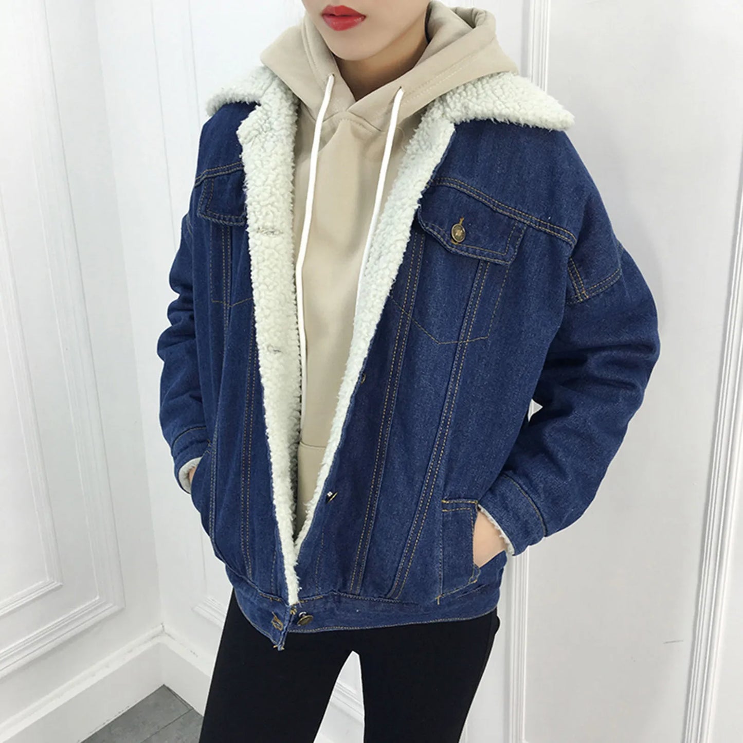Vintage Women Lambswool Denim Jacket Women Autumn Winter Thicken Fleece Warm Denim Jacket Punk Long Sleeve Casual Loose Outwear