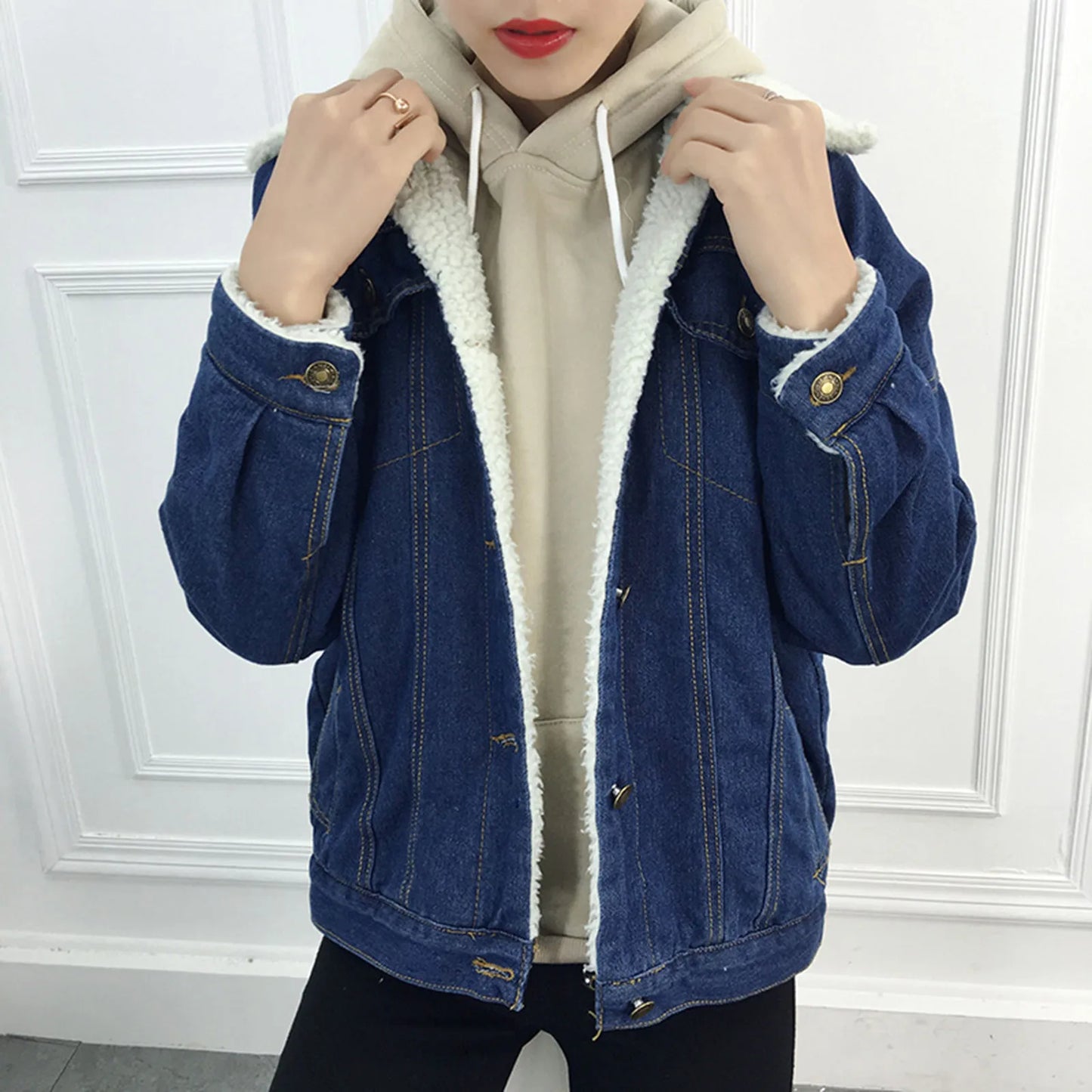 Vintage Women Lambswool Denim Jacket Women Autumn Winter Thicken Fleece Warm Denim Jacket Punk Long Sleeve Casual Loose Outwear