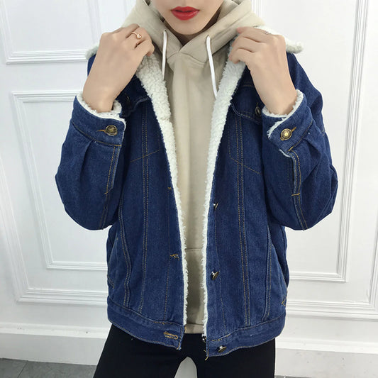 Vintage Women Lambswool Denim Jacket Women Autumn Winter Thicken Fleece Warm Denim Jacket Punk Long Sleeve Casual Loose Outwear
