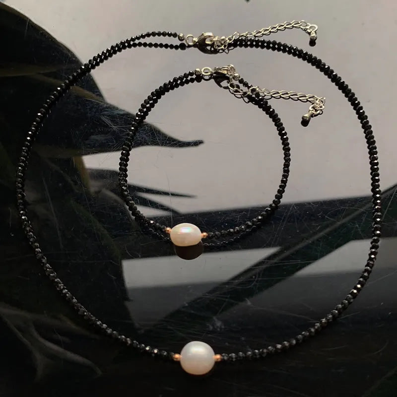 Reiki Healing Jewelry 2mm Small Black Obsidian Stone Choker Necklace White Baroque Pearl Charm Natural Freshwater Pearl Necklace