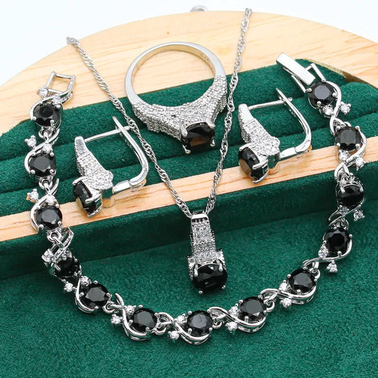Exquisite 925 Silver Jewelry Sets For Women Black White Crystal Bracelet Earrings Necklace Pendant Ring Wedding Christmas Gift