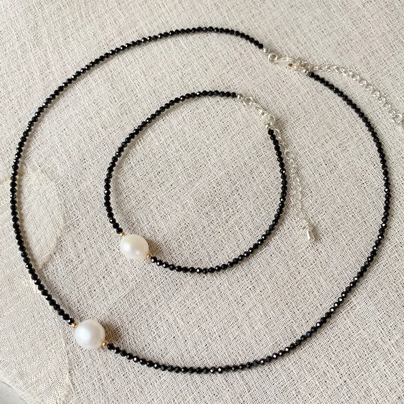 Reiki Healing Jewelry 2mm Small Black Obsidian Stone Choker Necklace White Baroque Pearl Charm Natural Freshwater Pearl Necklace
