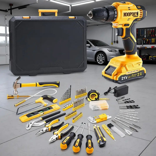 Tool Kit Box Drill Set with 21V Cordless Drill, Tool Box with Drill, Hand Drill Set for Men, Power Tool Combo for Home Repair, D