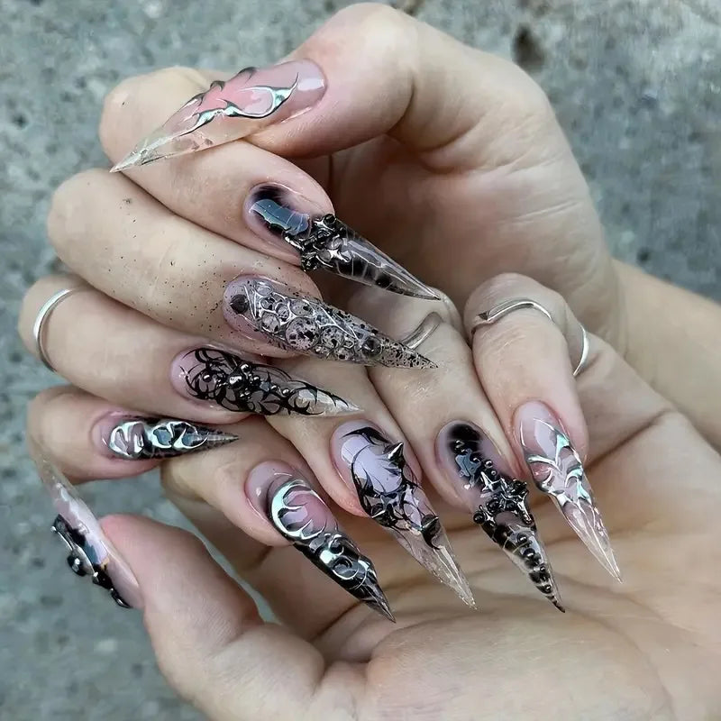 24Pc Leopard Print French False Nails Long Stiletto Press on Nails with Steel Ball Fake Nail Sweet Cool Detachable Nail Tips Art