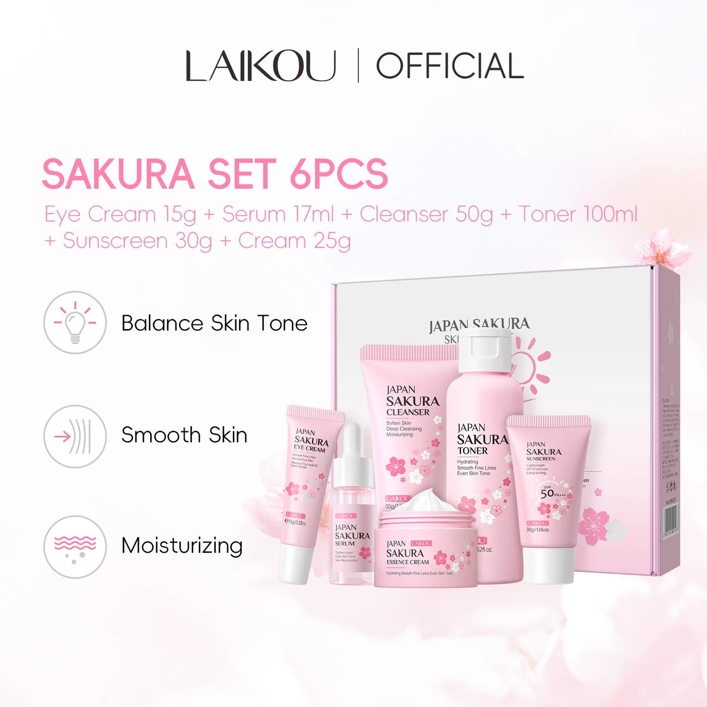 LAIKOU Japan Sakura Skincare Set 6pcs SPF Day Routine Hydrating Anti-Aging Brightening Sun Defense
